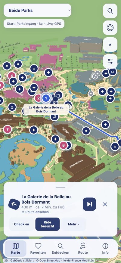 Actual app view with 3D park map and walking route to the next destination